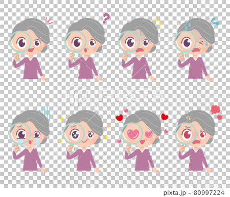 虫眼鏡を覗くおばあちゃん イラスト セットのイラスト素材