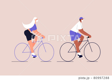 Happy Interracial couple in medical masks ride bicycles. Eco-friendly urban transport. Post-quarantine lifestyle. Vector illustration in flat style on isolated background. Eps 10. Happy Interracial couple in medical masks ride bicycles. Eco-friendly urban transport. Post-quarantine lifestyle. Vector illustration in flat style on isolated background. Eps 10. 80997288