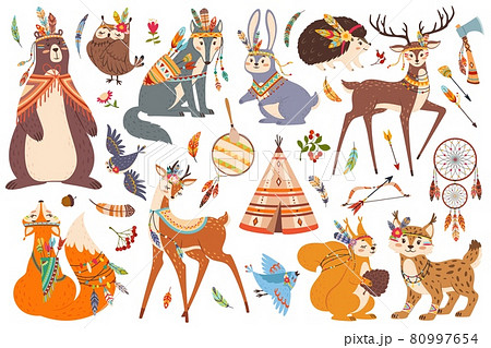 Cute woodland tribal animals, boho tribe forest animal. Fox, owl, wolf, bear, deer characters with american indian ethnic elements vector set 80997654
