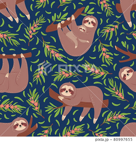 Cute sloths on branch seamless pattern for nursery wallpaper. Baby sloth animal with mother. Funny lazy animals textile print vector texture 80997655