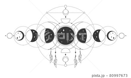 Magic moon phases, mystical sacred lunar phase. Occult astrology tattoo drawing with esoteric geometric elements vector illustration Magic moon phases, mystical sacred lunar phase. Occult astrology tattoo drawing with esoteric geometric elements vector illustration 80997673