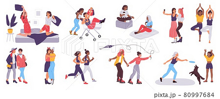 Women friends spend time together, female friendship concept. Happy girl friends having sleepover, hugging, taking selfie vector set Women friends spend time together, female friendship concept. Happy girl friends having sleepover, hugging, taking selfie vector set 80997684