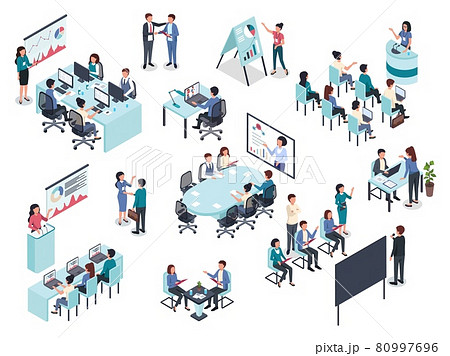 Isometric business training or coaching, office conference meeting. Businessman giving presentation, business education seminar vector set 80997696