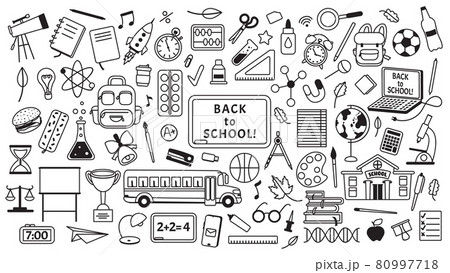 School doodles drawings, hand drawn kids education elements. School supplies and stationery, books, laptop, backpack sketch doodle Vector set 80997718