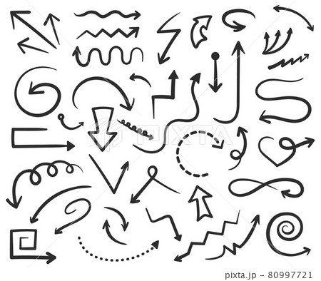 Hand drawn arrows doodles, black arrow drawing. Straight and curved pointers, up or down direction lines, swipe arrow icon vector set 80997721
