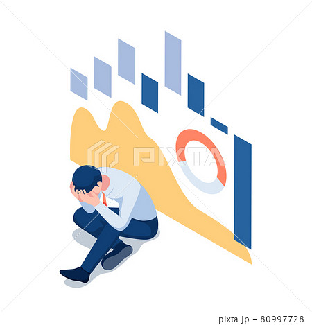 Isometric Depressed Businessman with Falling Stock Market Graph in Background Isometric Depressed Businessman with Falling Stock Market Graph in Background 80997728