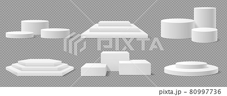 White square shaped podium circular pedestal stand. Realistic empty platform, winner stage, advertising podiums 3d mockup vector set White square shaped podium circular pedestal stand. Realistic empty platform, winner stage, advertising podiums 3d mockup vector set 80997736