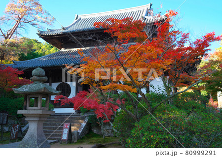 宝福寺の紅葉に彩られた仏堂と青空 岡山県総社市 宝福寺の紅葉に彩られた仏堂と青空 岡山県総社市 80999291
