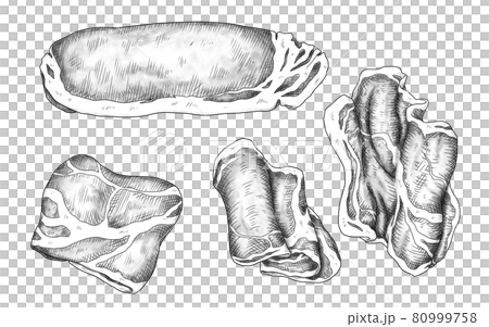 Ingredients-Meat hot pork loin list (monochrome) Can also be used for hot pots, bento boxes, and cooking images Combination series 80999758