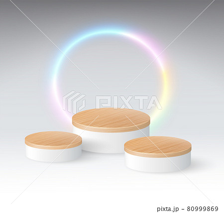 3 level circular wood grain podium with spherical neon lights on a cool white background. EPS realistic file. 3 level circular wood grain podium with spherical neon lights on a cool white background. EPS realistic file. 80999869