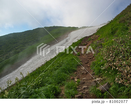 夏の浅草岳　雪渓が残る登山道 81002077