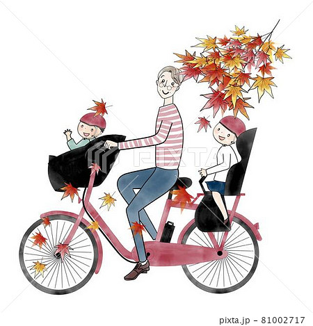 電動アシスト自転車 三人乗り シニア男性と子供二人のイラスト素材