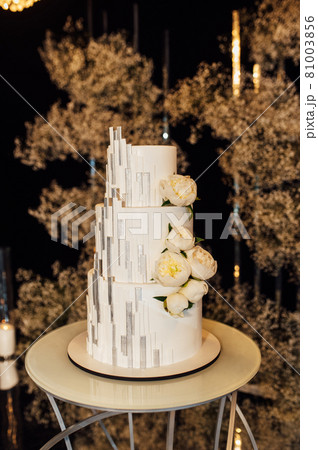 White-pink beautiful wedding cake on the background of the evening wedding arch 81003856