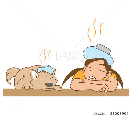 氷のうを頭にのせる子供と犬のイラスト素材