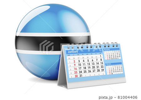 Desk calendar with Botswanian flag. 3D rendering Desk calendar with Botswanian flag. 3D rendering 81004406
