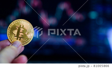 Hand holding golden coin crypto currency stock trade graph backg Hand holding golden coin crypto currency stock trade graph backg 81005866