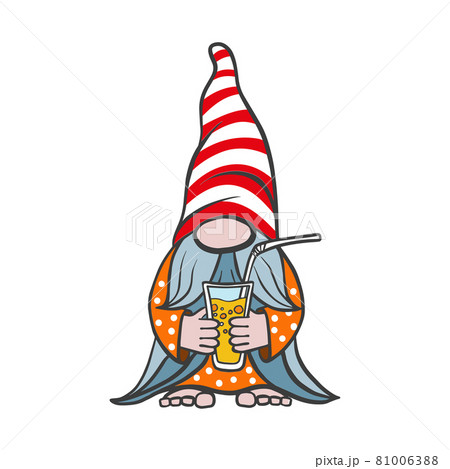 vector illustration of a summer gnome, an elf in a cap with a glass in his hand, isolated on a white background 81006388