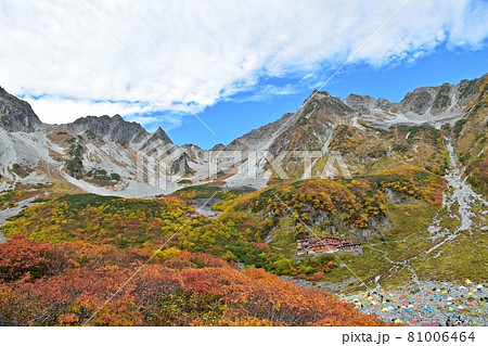 紅葉ピークの涸沢カール 涸沢ヒュッテ付近から眺める奥穂高岳、涸沢岳、北穂高岳とテントサイト 紅葉ピークの涸沢カール 涸沢ヒュッテ付近から眺める奥穂高岳、涸沢岳、北穂高岳とテントサイト 81006464