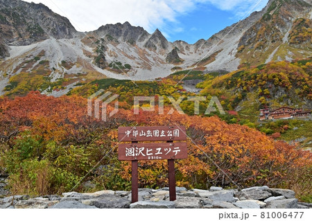 紅葉ピークを迎えた涸沢カール 涸沢カール入口から眺める穂高連峰 紅葉ピークを迎えた涸沢カール 涸沢カール入口から眺める穂高連峰 81006477