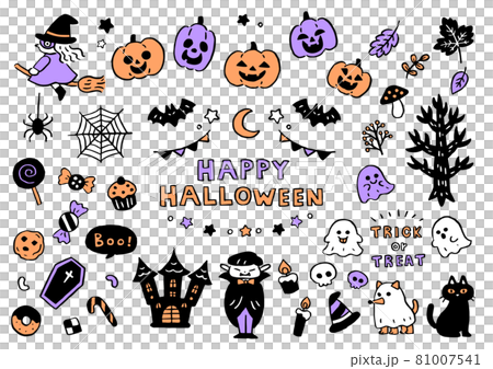手描き風　シンプルかわいい　ハロウィンイラスト素材セット　オレンジ・紫 81007541
