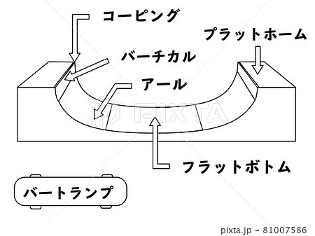 スケートパークで使用される練習道具や各部位の名称が分かるイラスト バートランプ 線画 のイラスト素材