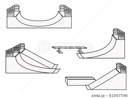 イラスト素材：スケートパークで使用される練習道具（セクション）の組合せイラスト（線画） 81007596