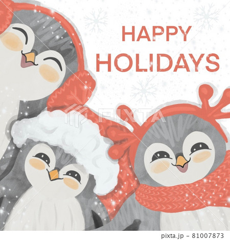 Cute square winter happy holidays greeting card with three smiling penguins 81007873