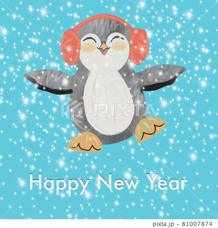 Cute snowy happy new year greeting card with baby penguin	 81007874