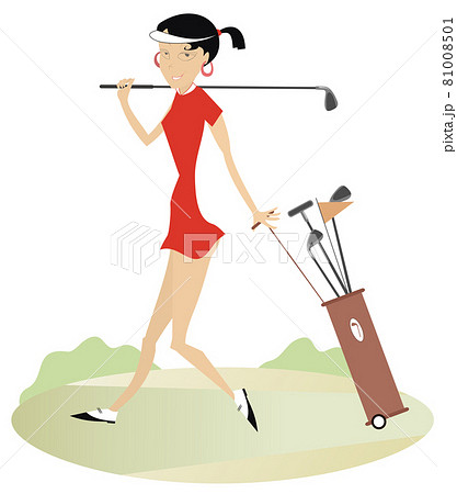 Woman golfer on the golf course illustration. Smiling woman with golf club and golf bag goes to play golf illustration Woman golfer on the golf course illustration. Smiling woman with golf club and golf bag goes to play golf illustration 81008501