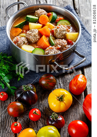 hot mexican meatball vegetable soup, top view hot mexican meatball vegetable soup, top view 81008638