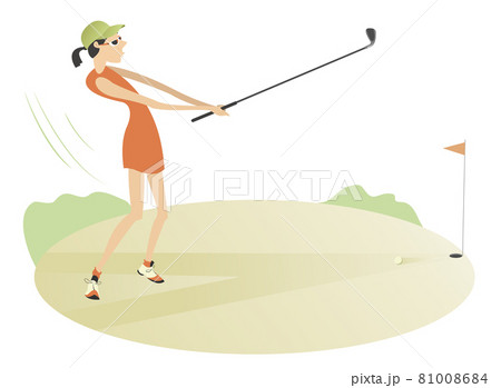 Smiling golfer on the golf course illustration. Prety woman golfer trying to make a good shot 81008684
