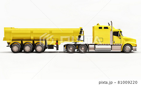 Large yellow American truck with a trailer type dump truck for transporting bulk cargo on a white background. 3d illustration. 81009220