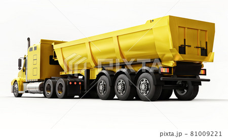 Large yellow American truck with a trailer type dump truck for transporting bulk cargo on a white background. 3d illustration. 81009221
