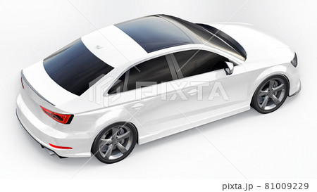 Super fast sports car white color on a white background. Body shape sedan. Tuning is a version of an ordinary family car. 3d rendering. 81009229