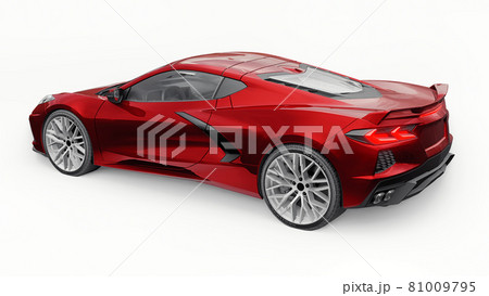 Ultra-modern red super sports car with a mid-engine layout on a white isolated background. A car for racing on the track and on the straight. 3d illustration. Ultra-modern red super sports car with a mid-engine layout on a white isolated background. A car for racing on the track and on the straight. 3d illustration. 81009795