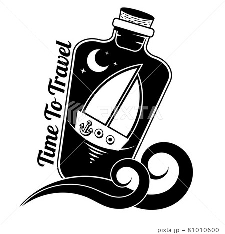 Vector sea background with bottle, waves, ship and label with text Have a nice trip in french. Travel concept. Creative vintage 81010600