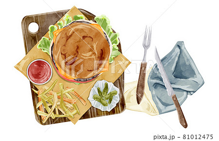 上から見たハンバーガーの手描き水彩風イラスト 上から見たハンバーガーの手描き水彩風イラスト 81012475