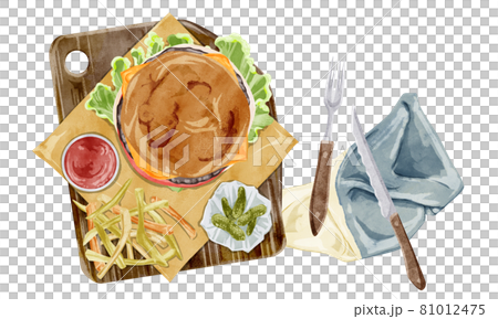 上から見たハンバーガーの手描き水彩風イラスト 上から見たハンバーガーの手描き水彩風イラスト 81012475