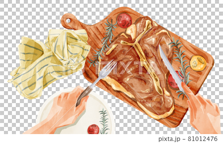Tボーンステーキの手描き水彩風イラスト Tボーンステーキの手描き水彩風イラスト 81012476