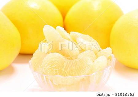 土佐文旦　高知県産　大きい柑橘類　剥いた果肉　明るい背景 81013562