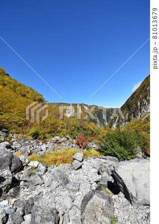 紅葉ピークの涸沢 Sガレ付近の登山道と屏風岩 紅葉ピークの涸沢 Sガレ付近の登山道と屏風岩 81013679