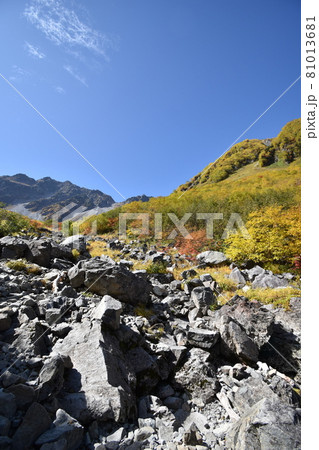 紅葉ピークの涸沢 Sガレ付近の登山道と涸沢岳 紅葉ピークの涸沢 Sガレ付近の登山道と涸沢岳 81013681