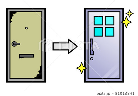 古いドアがリフォームで綺麗になる玄関扉のイラストのイラスト素材