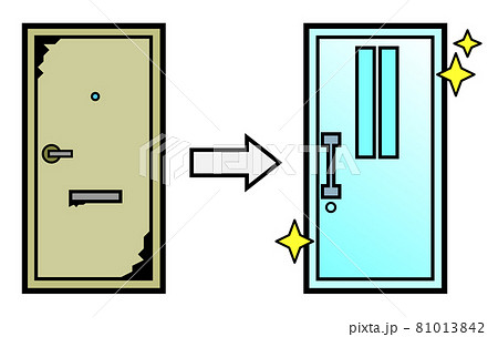古いドアがリフォームで綺麗になる玄関扉のイラストのイラスト素材