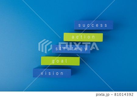 Business or personal development concept. Ladder made of blue and yellow rectangles with text against blue background 81014392