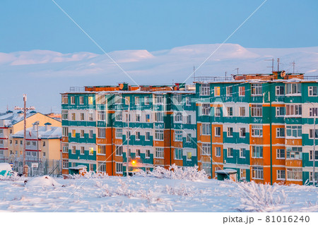 Winter landscape with a northern city in the Arctic. 81016240
