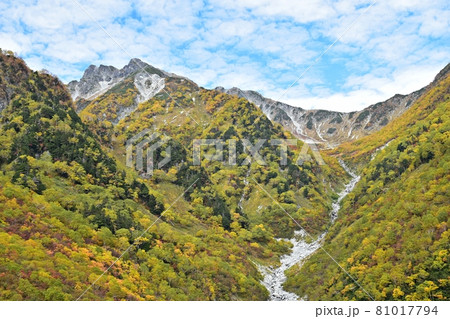 紅葉の横尾本谷と南岳 涸沢へ向かう登山道 紅葉の横尾本谷と南岳 涸沢へ向かう登山道 81017794