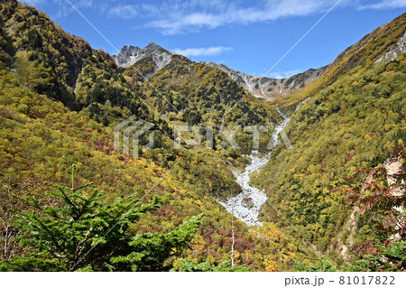 紅葉の横尾本谷と南岳 涸沢へ向かう登山道 紅葉の横尾本谷と南岳 涸沢へ向かう登山道 81017822