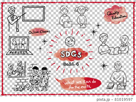 SDGs 目標 4 以“全民素質教育”為形象的線描插圖集 81019597