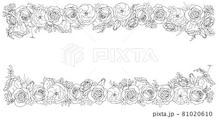薔薇とトルコキキョウとジャスミンの線画フレーム 上下 横 のイラスト素材